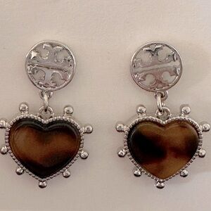 Final sale tory  Burch ( Rare) Silver with brown enamel Heart logo drop earrings